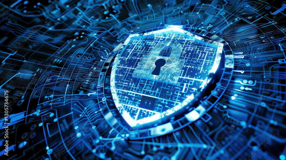 Poster digital shield symbolizing cybersecurity with lock, representing protection and safety technology. b