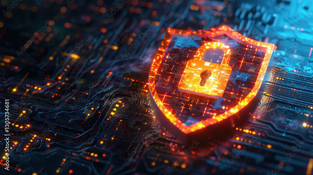 Poster digital shield symbolizing cybersecurity with glowing circuits and padlock, representing protection 