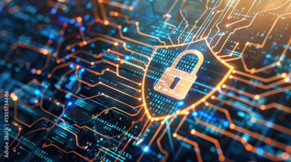 Poster digital security concept with lock symbol on circuit board background, representing cybersecurity an