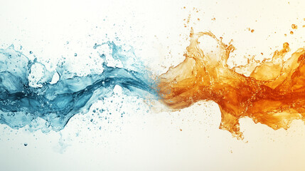A dynamic blend of blue and orange water splashes creates a vibrant, energetic visual effect, symbolizing harmony, contrast, and movement in a modern artistic style

