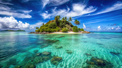 Fototapeta premium tropical island surrounded by clear turquoise water and coral reefs