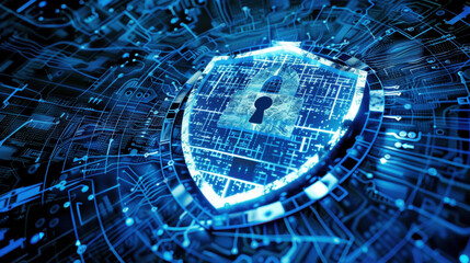 digital shield symbolizing cybersecurity with lock, representing protection and safety technology. background features network of circuits and data streams, conveying sense of advanced technology