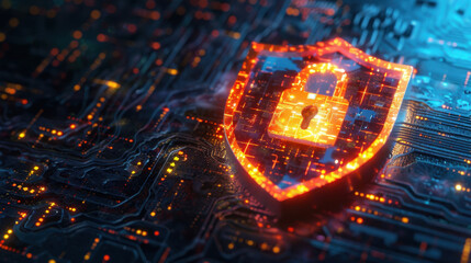 digital shield symbolizing cybersecurity with glowing circuits and padlock, representing protection and safety in technology