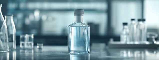 Clear liquid in a glass bottle on a lab table.