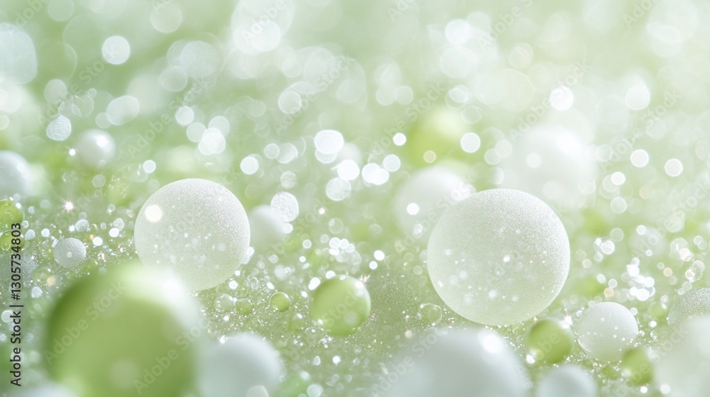 Poster abstract background of green and white spheres with bokeh effect.