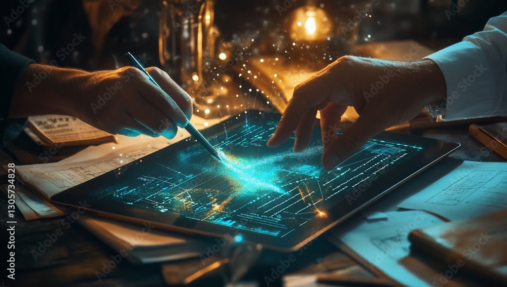 Poster two hands collaborate on a digital tablet displaying glowing data.