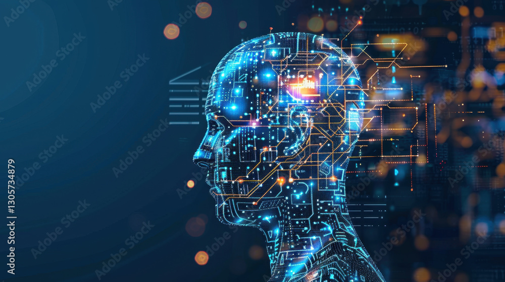 Poster digital representation of human head with circuit patterns, symbolizing artificial intelligence and 
