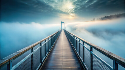 serene bridge leading into thick fog, creating mystical atmosphere