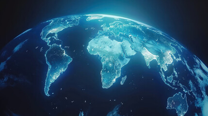 Glowing Earth view from space, showcasing continents and oceans illuminated by city lights, highlighting beauty of our planet at night