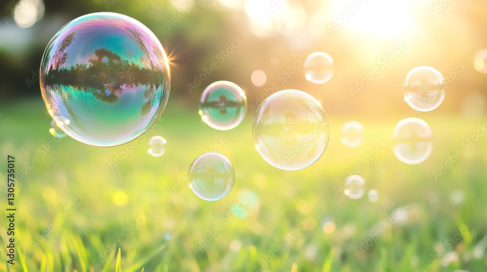 Poster soap bubbles floating over a green meadow at sunset, creating a magical and dreamy atmosphere