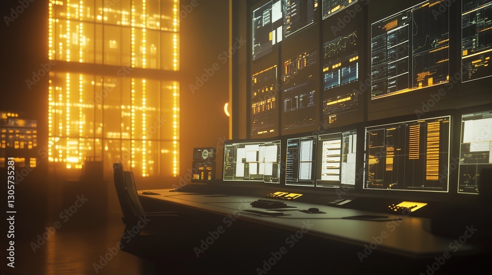 Poster night view of a modern control room with multiple monitors displaying data and a city skyline at nig