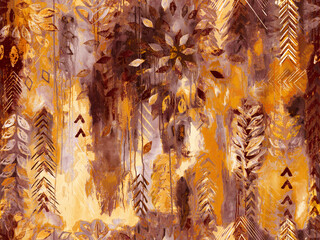 Golden flora tribal pattern. Seamless, warm abstract tribal design with botanical and geometric elements. Perfect for fabric, prints, & more.