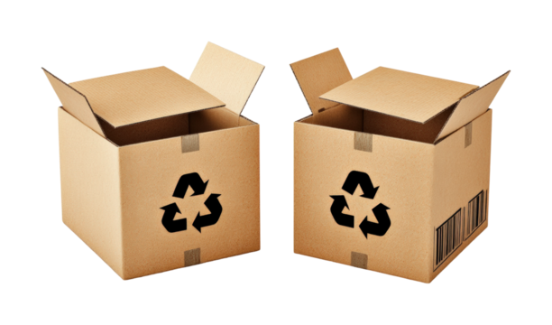 Recycling process cardboard boxes waste management facility collection sustainability focus isolated on transparent background