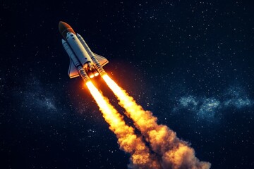 Obraz premium Spaceship launches into the night sky on a mission to explore the vastness of space