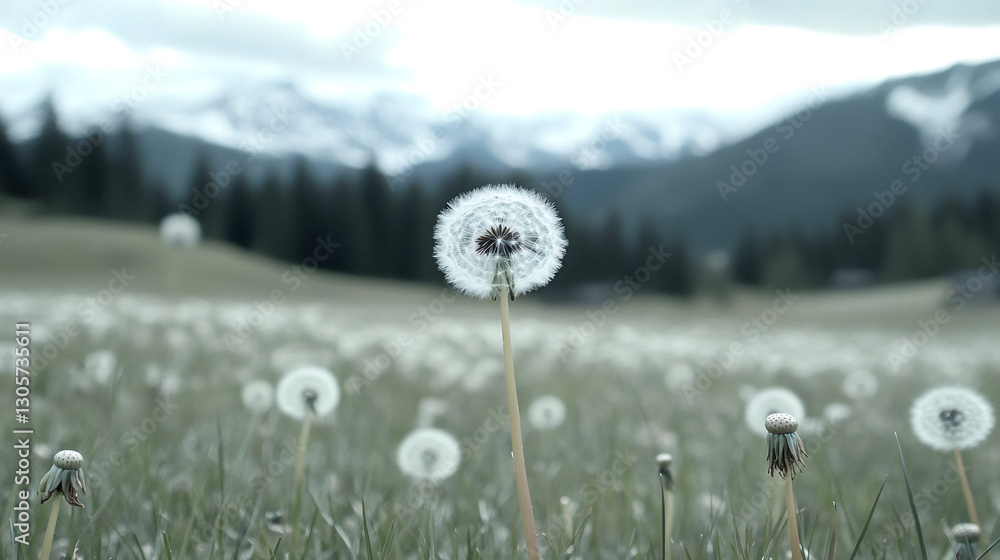 Aufkleber Dandelion clock standing tall in a field of dandelions with mountains and trees in the background