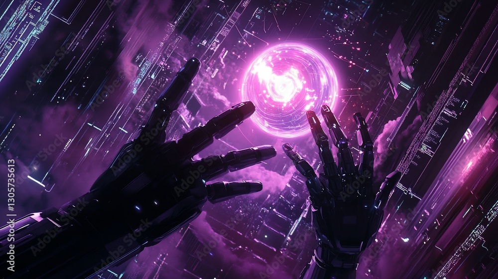 Poster robotic hands manipulating a glowing orb in a futuristic digital environment.