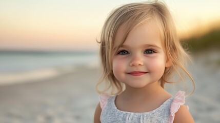 A young girl stands on the sandy beach, enjoying the sunny day by the ocean.