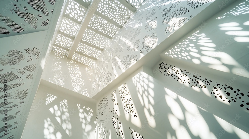 Poster sunlit modern architecture interior with intricate perforated walls casting shadows.