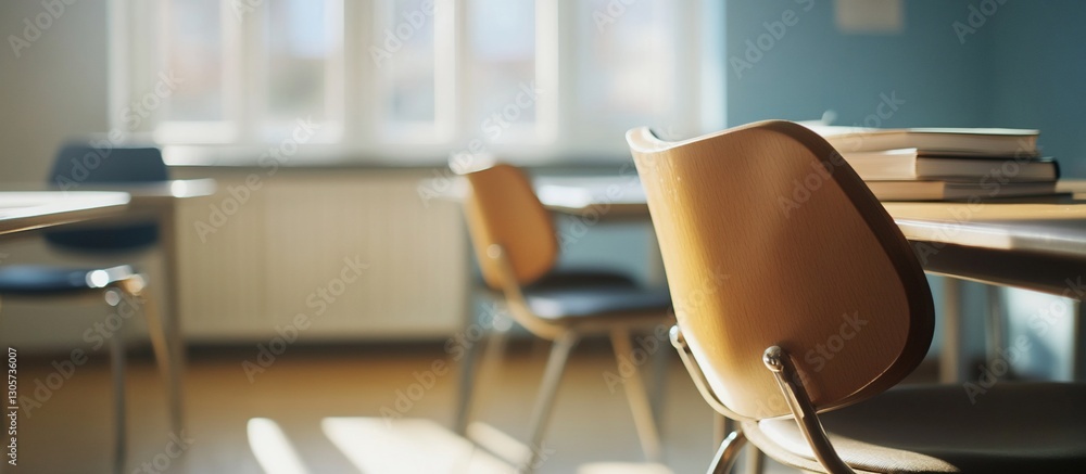Poster empty classroom desks and chairs with books on table near window.