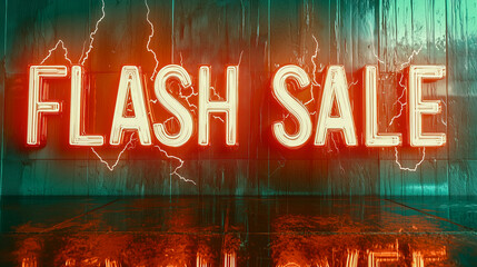 Flash Sale Neon Sign: A dynamic neon sign illuminates "FLASH SALE", the vibrant glow is set against a backdrop of a textured wall, capturing attention