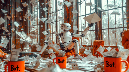 Robot and Mugs Scene: A futuristic scene with a robot and a lot of falling paper surrounded by mugs marked with "Bot."