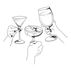 Hands with glasses and cocktails. Hand-drawn ink vector illustration for greetings, menus, invitations to a bachelorette party, wedding, birthday. Isolated.