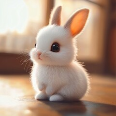 Obraz premium Playful baby rabbit in cozy indoor setting cute animal photography warm natural light adorable mood