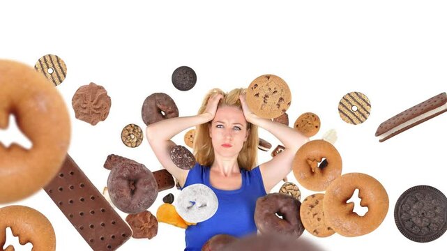 A woman has sweet food snacks around her on a white background. She has fear and there are donuts and cookies. Real photo animated with AI.