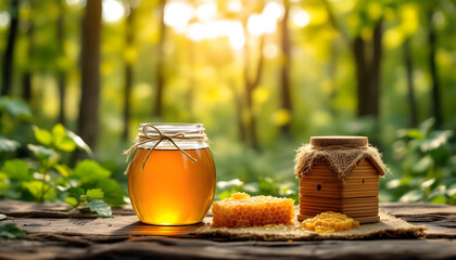Jar of honey and honey dipper in a forest setting, golden light.