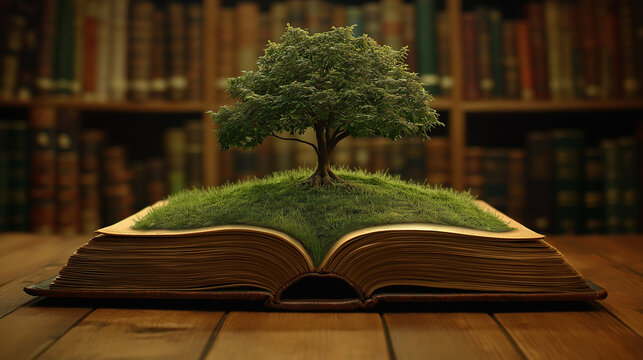 Open book with grass and oak tree symbolizing knowledge and growth