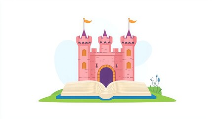 Fototapeta premium World Book Day Reading Children’s books Fairy Tale Magical castle emerging from an open book.