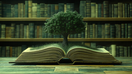 Open book with grass and oak tree symbolizing knowledge and growth