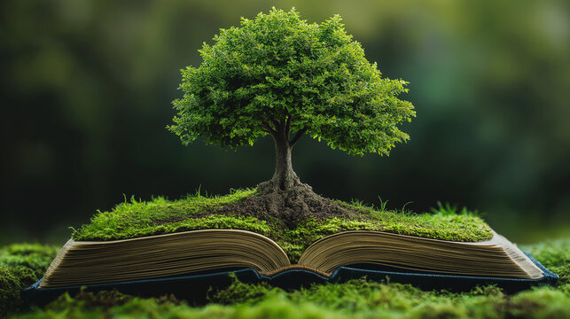 Tree growing on open book symbolizing knowledge and wisdom growth