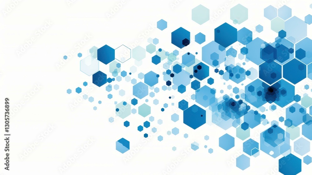 Poster dynamic blue hexagon pattern with connecting dots creates a modern abstract design on a clean white 