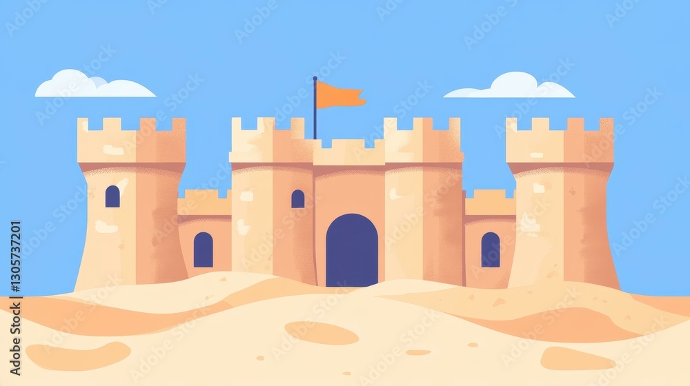 Poster a simple sandcastle with a flag, showcasing a minimal design and clean lines, perfect for a beachthe