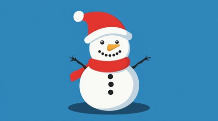 This minimalistic 2D vector snowman features a cozy hat and scarf, showcasing simple lines and a clean design on a plain background.