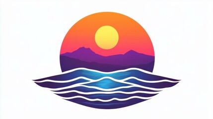 Fototapeta premium A serene beach sunset logo featuring gentle waves on a clean white background, perfect for a calm and relaxing ambiance.