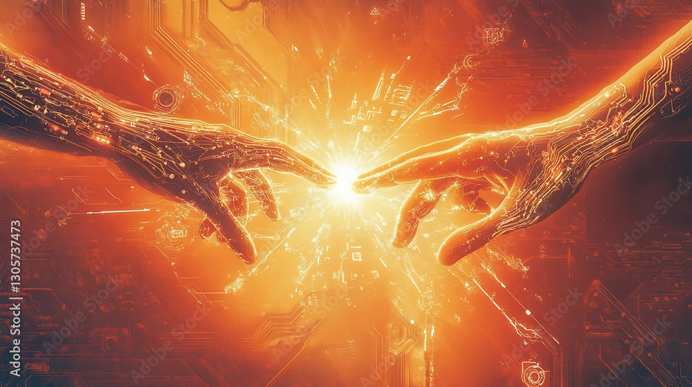 Poster two robotic hands reaching towards each other, creating a bright light.