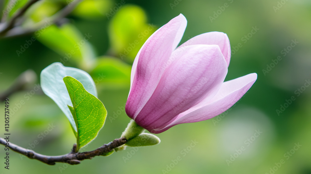 Poster beautiful pink magnolia flower blooming in spring on a tree branch with green leaves, delicate petal