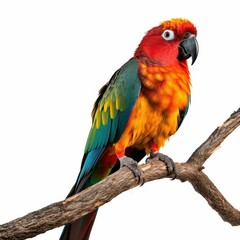 Obraz premium A vibrant parrot sits on a branch, showcasing bright colors against a clean white backdrop for a striking visual.