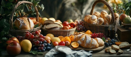 Abundant harvest of fruits, bread, and pastries in rustic baskets.