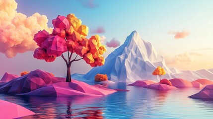 Low Polygonal Landscape Featuring Autumn Trees And Mountains