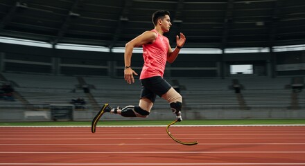 Determined athlete with prosthetic legs sprinting on running track for competition