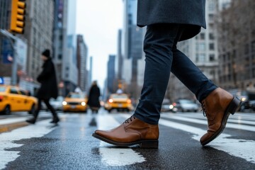A well-dressed individual steps confidently across a city street, emphasizing urban life and the dynamic atmosphere of a bustling metropolitan environment.