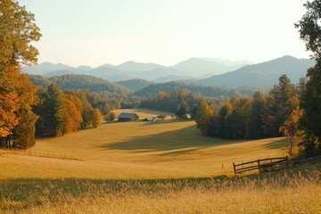 Fototapeta premium A serene field features a fence with a distant house under a clear sky.
