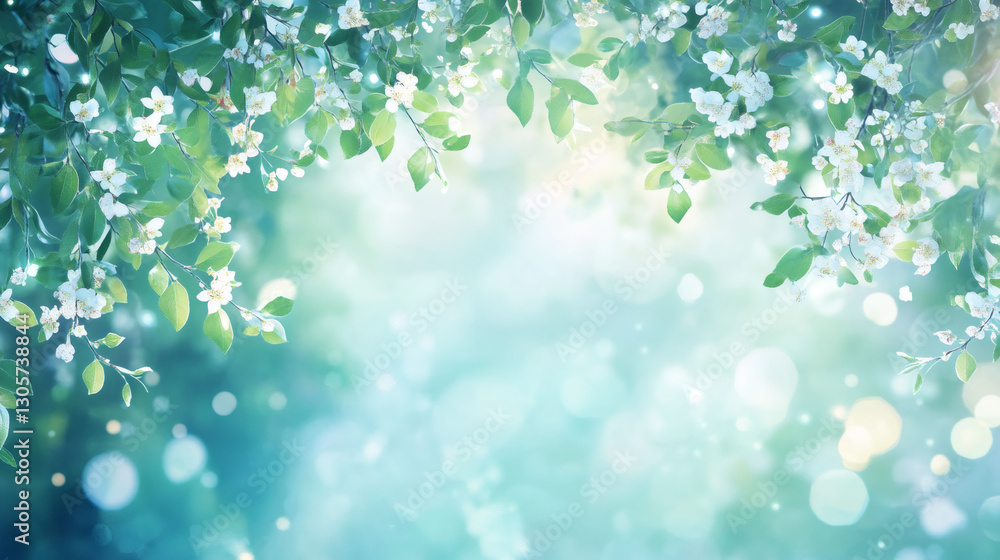 Aufkleber Blooming tree branches with small white flowers and green leaves framing a blurred bokeh background creating a dreamy spring atmosphere