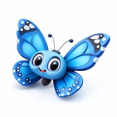 Obraz premium Cute cartoon blue butterfly with big eyes and smiling face, isolated on white background. (1)