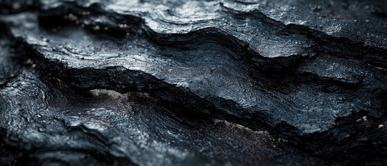 A close-up of compressed black coal with layered textures and subtle iridescent highlights on its surface. Generative AI.