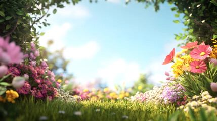 Fototapeta premium Colorful flowers and lush green grass create a vibrant and idyllic spring garden scene under a bright blue sky
