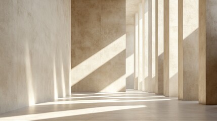Sunlit minimalist beige interior with columns and textured walls.